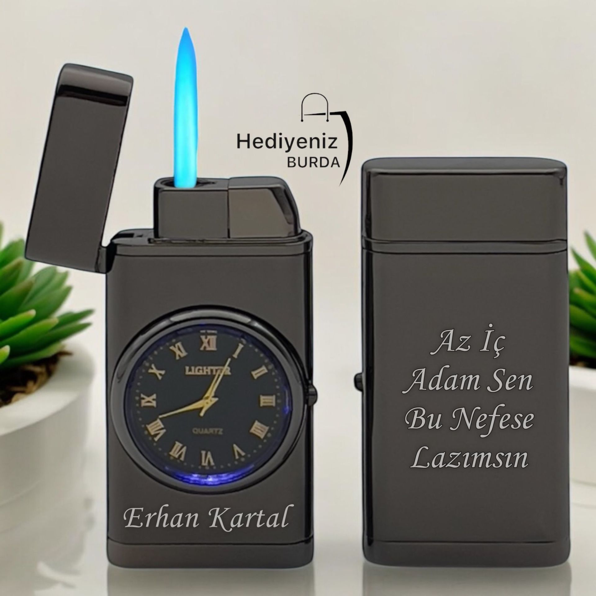 Kişiye Özel Saatli Turbo Jet Kişiye Özel Çakmak l Çift Yön Baskı Avantajı