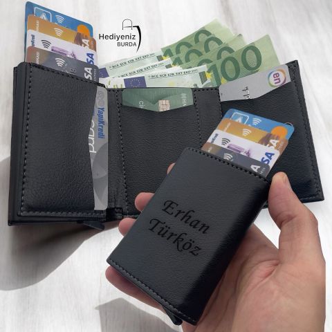 Kişiye Özel Suni Deri Mekanızmalı Kartlık Cüzdan Siyah Renk