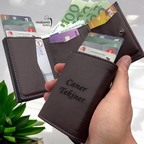 Kişiye Özel Suni Deri Mekanizmalı Kartlık Cüzdan Koyu Kahve Renk