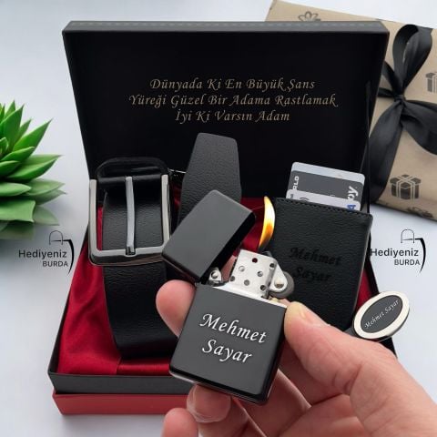 Premium İsme Özel Cüzdan Kemer Çakmak Anahtarlık Kalem Hediye Seti