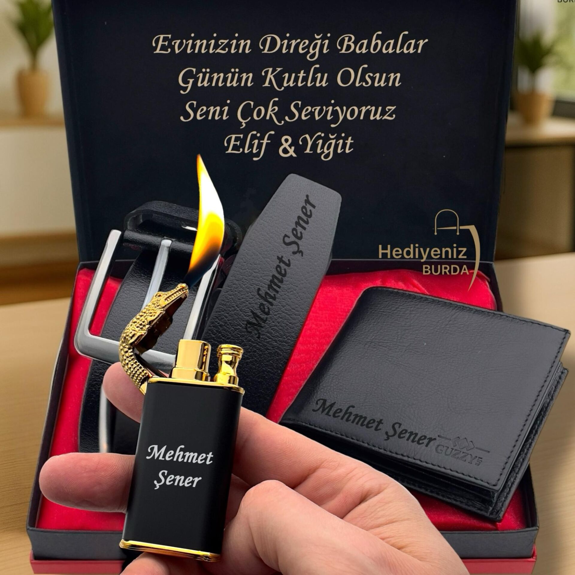 Premium İsme Özel Hakiki Deri Cüzdan Kemer Ejderha Alevli Çakmak Hediye Seti