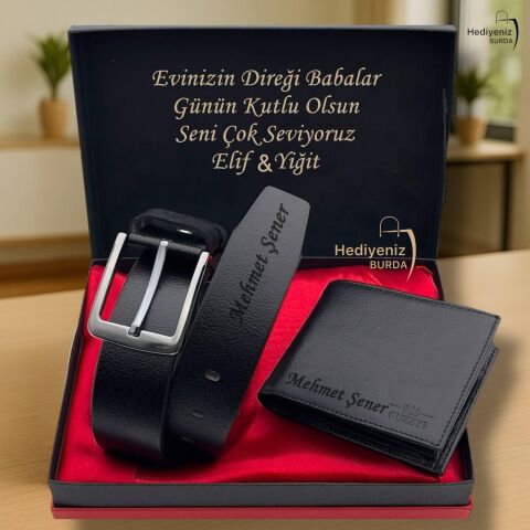Premium İsme Özel Hakiki Deri Cüzdan Kemer Ejderha Alevli Çakmak Hediye Seti