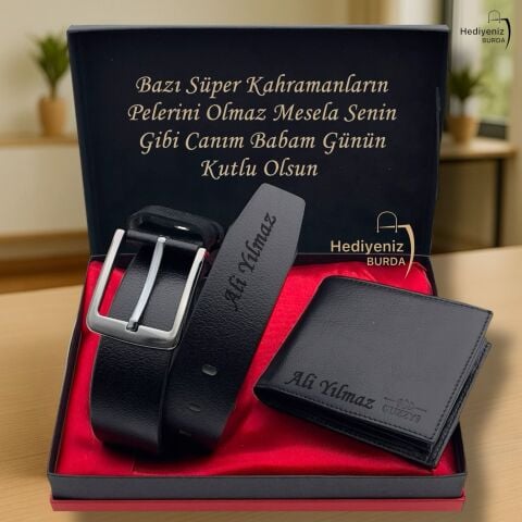 Premium İsme Özel Hakiki Deri Cüzdan Kemer Ejderha Alevli Çakmak Hediye Seti