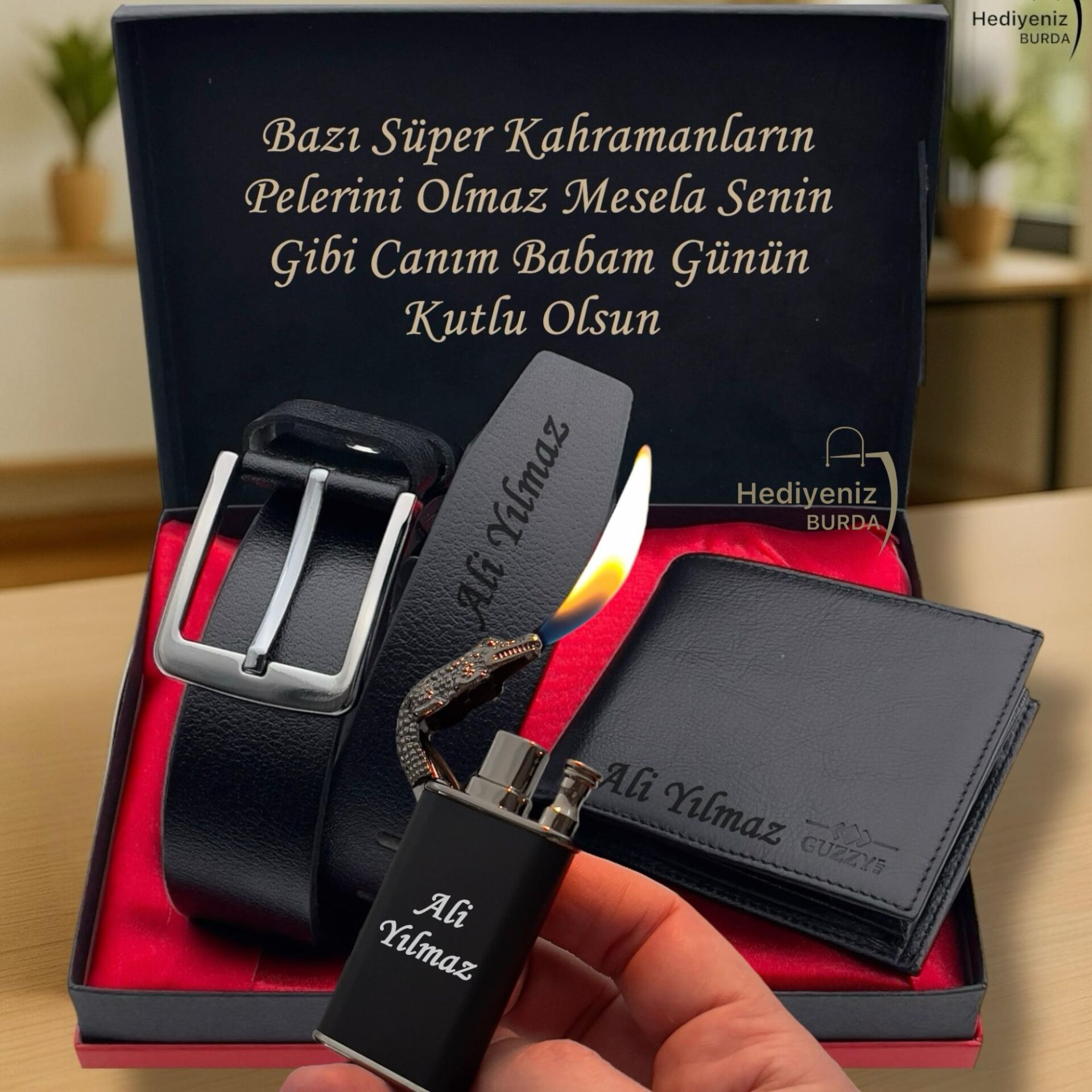 Premium İsme Özel Hakiki Deri Cüzdan Kemer Ejderha Alevli Çakmak Hediye Seti