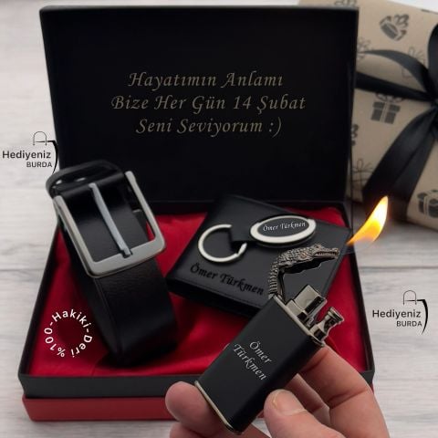 Premium İsme Özel Hakiki Deri Cüzdan Kemer Ejderha Alevli Çakmak Hediye Seti