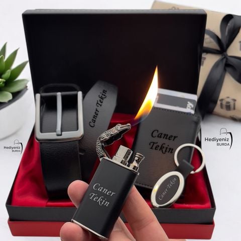 İsme Özel Premium Hediye Seti - Cüzdan Kemer Ejderha Alevli Çakmak Termos Bardak Kupa Kahve Kalem Anahtarlık