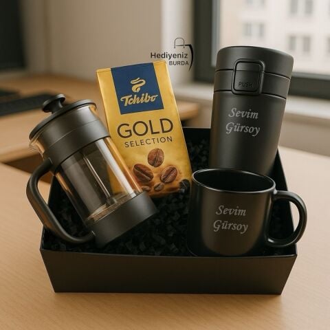 Hemen Kargo Lüks Hediye Seti, Çelik Termos Bardak, Tchibo Kahve, French Press, Seramik Kupa,