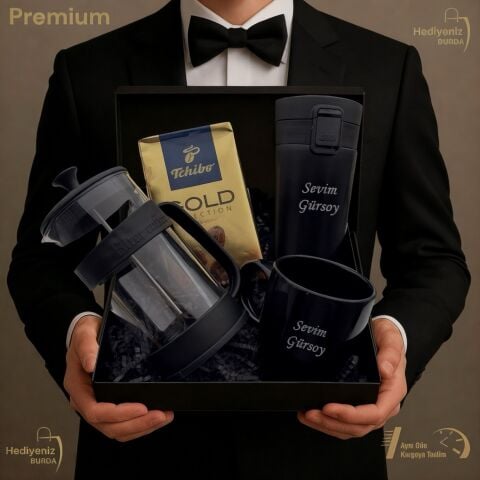 Hemen Kargo Lüks Hediye Seti, Çelik Termos Bardak, Tchibo Kahve, French Press, Seramik Kupa,