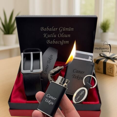 Premium İsme Özel Hakiki Deri Kemer Mekanızmalı Kartlık Cüzdan Ejderha Çakmak Anahtarlık Hediye Seti