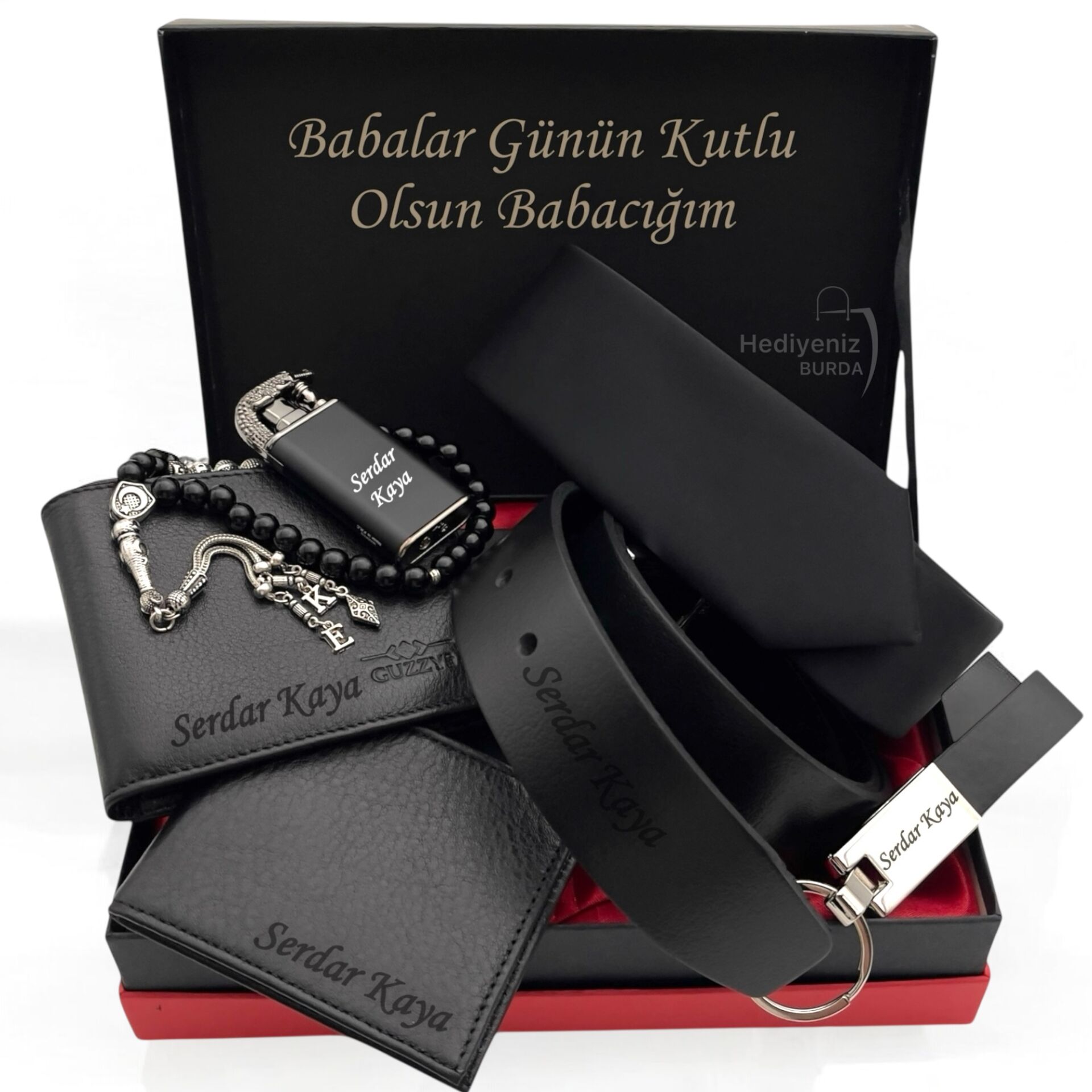 Kişiye Özel Premium Hediye Seti Hakiki Deri Cüzdan Kartlık Kemer Çakmak Tesbih Anahtarlık Kravat