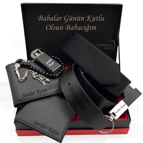 Kişiye Özel Premium Hediye Seti Hakiki Deri Cüzdan Kartlık Kemer Çakmak Tesbih Anahtarlık Kravat