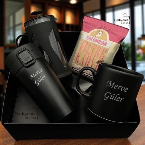 Hemen Kargo Lüks Hediye Seti, Çelik Termos Bardak, Filtre Kahve, French Press, Seramik Kupa