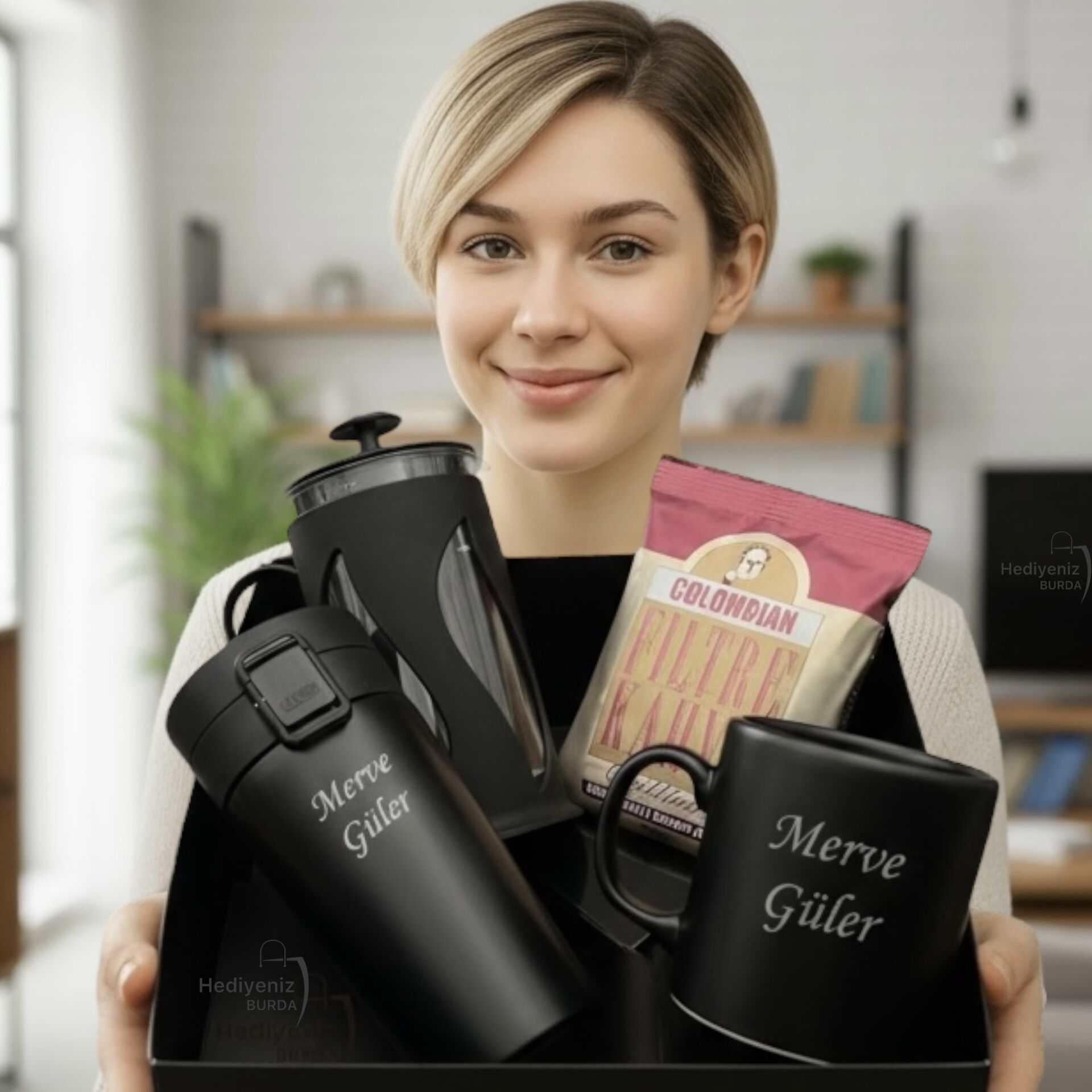 Hemen Kargo Lüks Hediye Seti, Çelik Termos Bardak, Filtre Kahve, French Press, Seramik Kupa