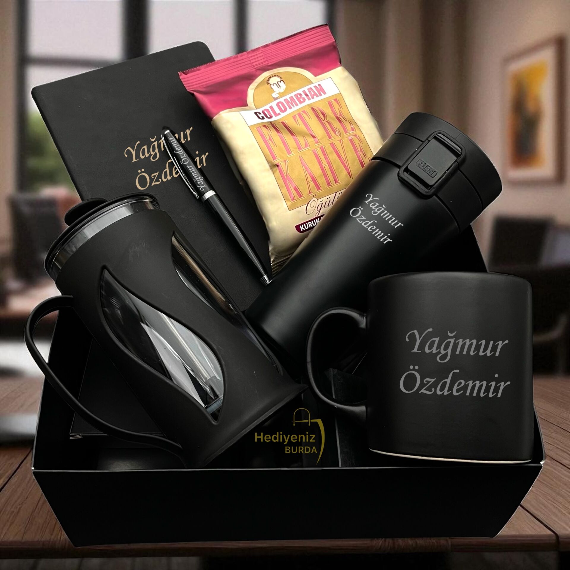 Hemen Kargo Lüks Hediye Seti, Çelik Termos Bardak, Filtre Kahve, French Press, Seramik Kupa, Defter, Kalem